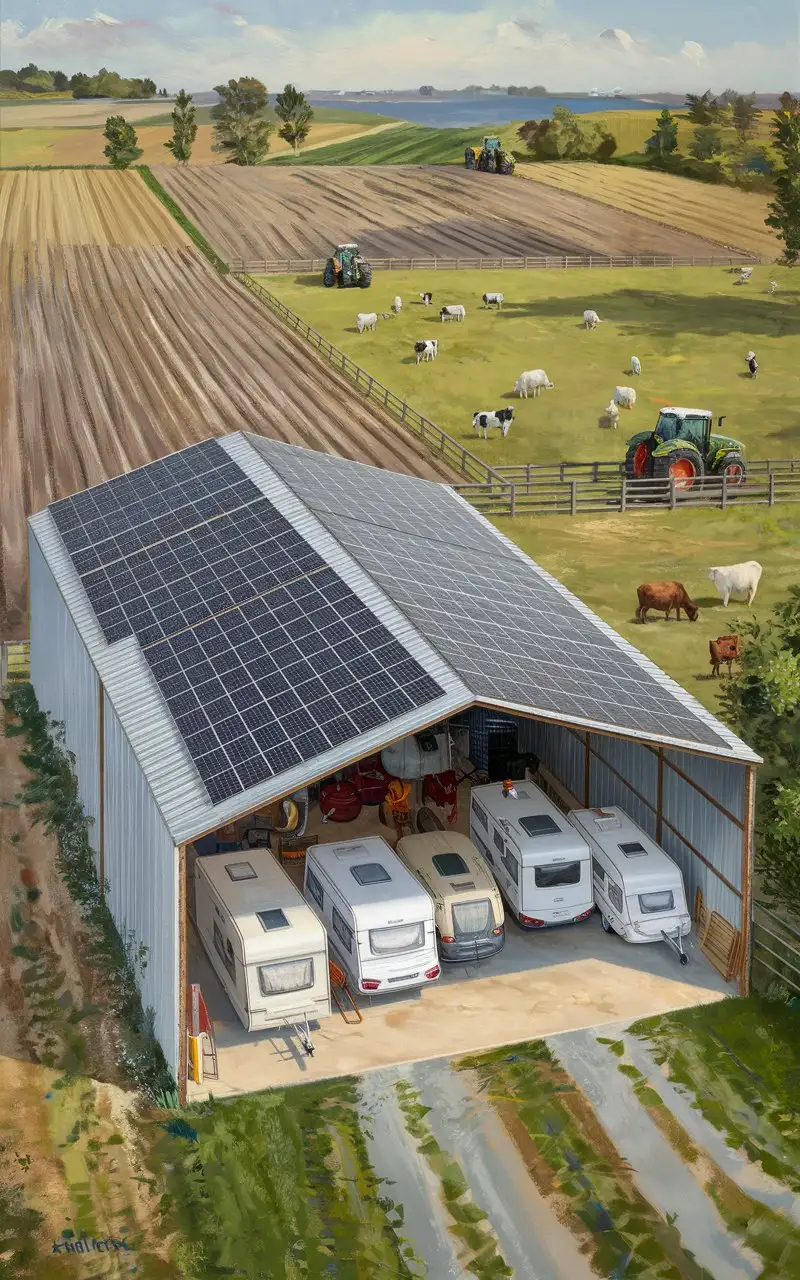 Rural French Agricultural Shed with Photovoltaic Roof and Farming Family