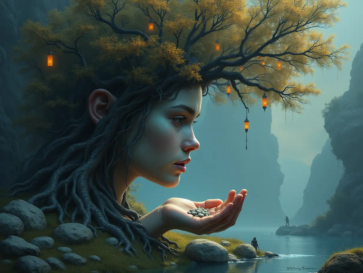 Creating a digital painting of a face with stone hair, carrying a hand with white and brown stones and illuminated river trees with roots and lanterns and strange alien creatures on a meadow