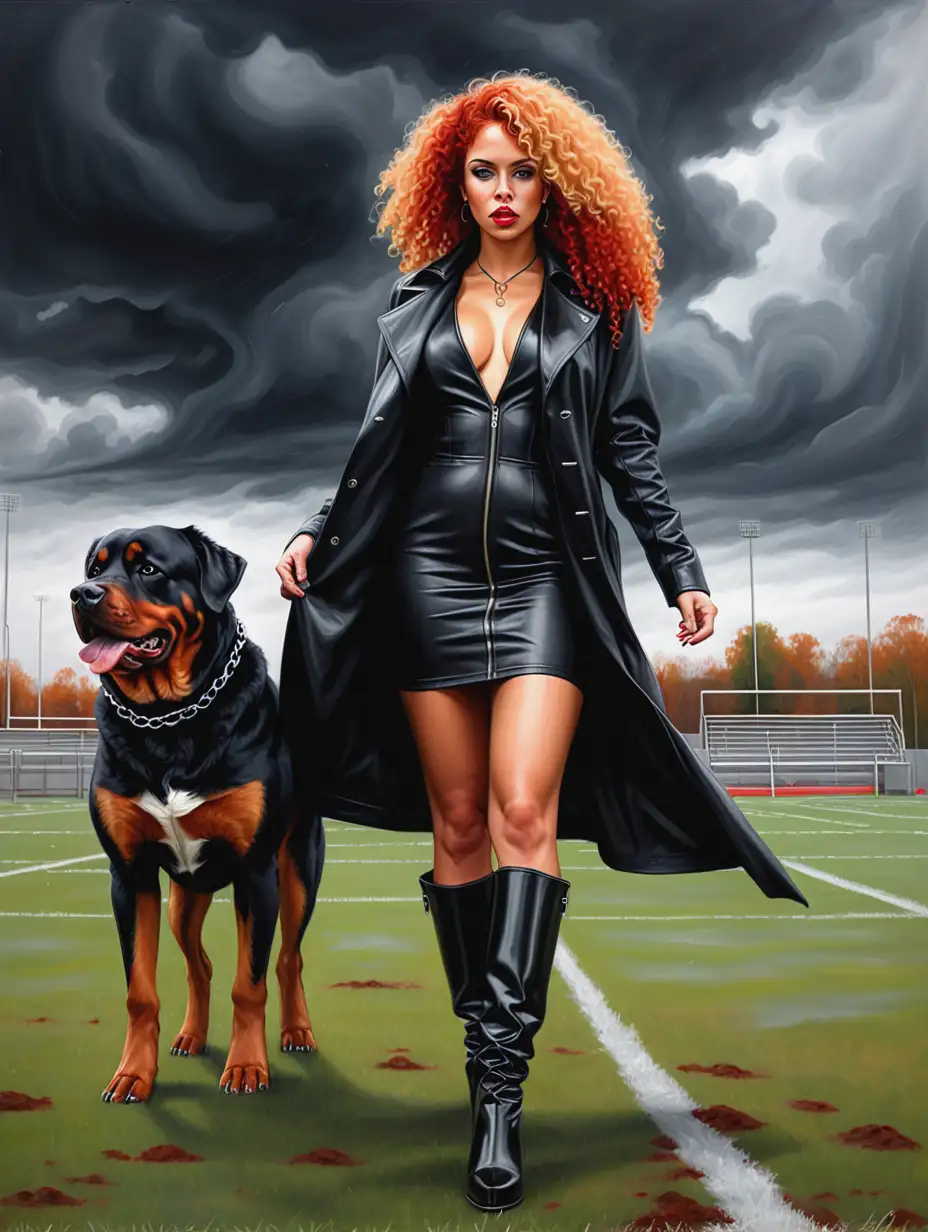 Dominant-Latino-Woman-in-Black-Leather-Coat-Standing-on-Football-Field-with-Rottweilers-in-Stormy-Weather