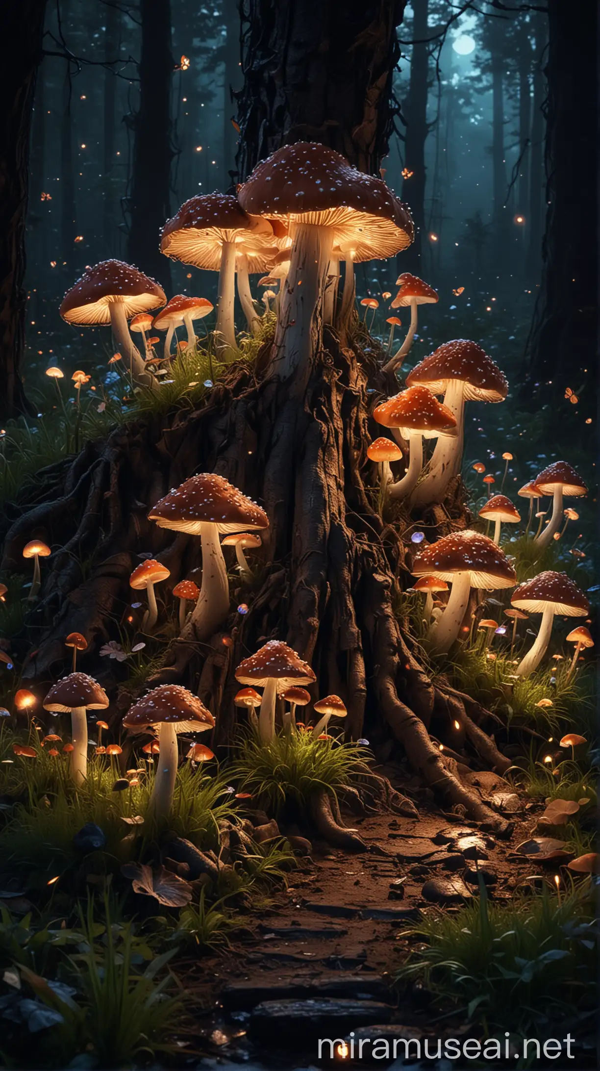 Fantasy Night Scene with Blooming Mushrooms and Neon Glow