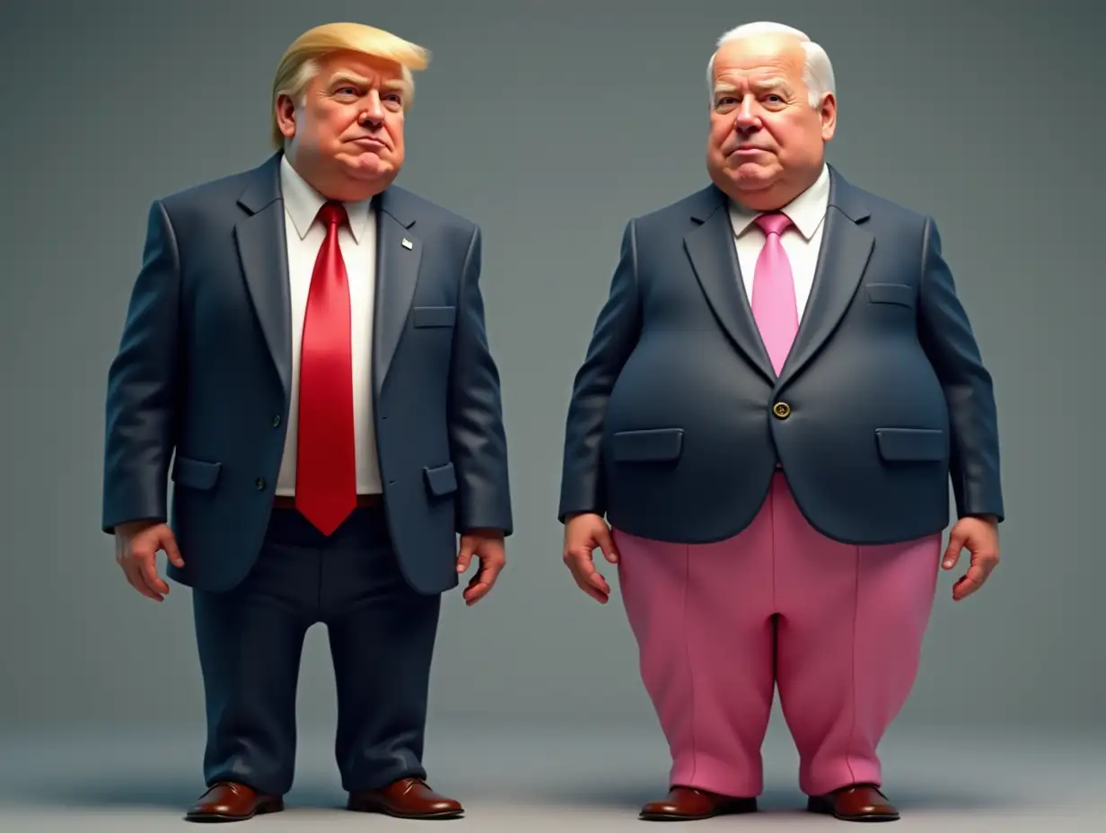 Create a high-resolution, realistic image of Donald Trump with very thin legs, and Biden with a very large belly and pink pants in 4K resolution.