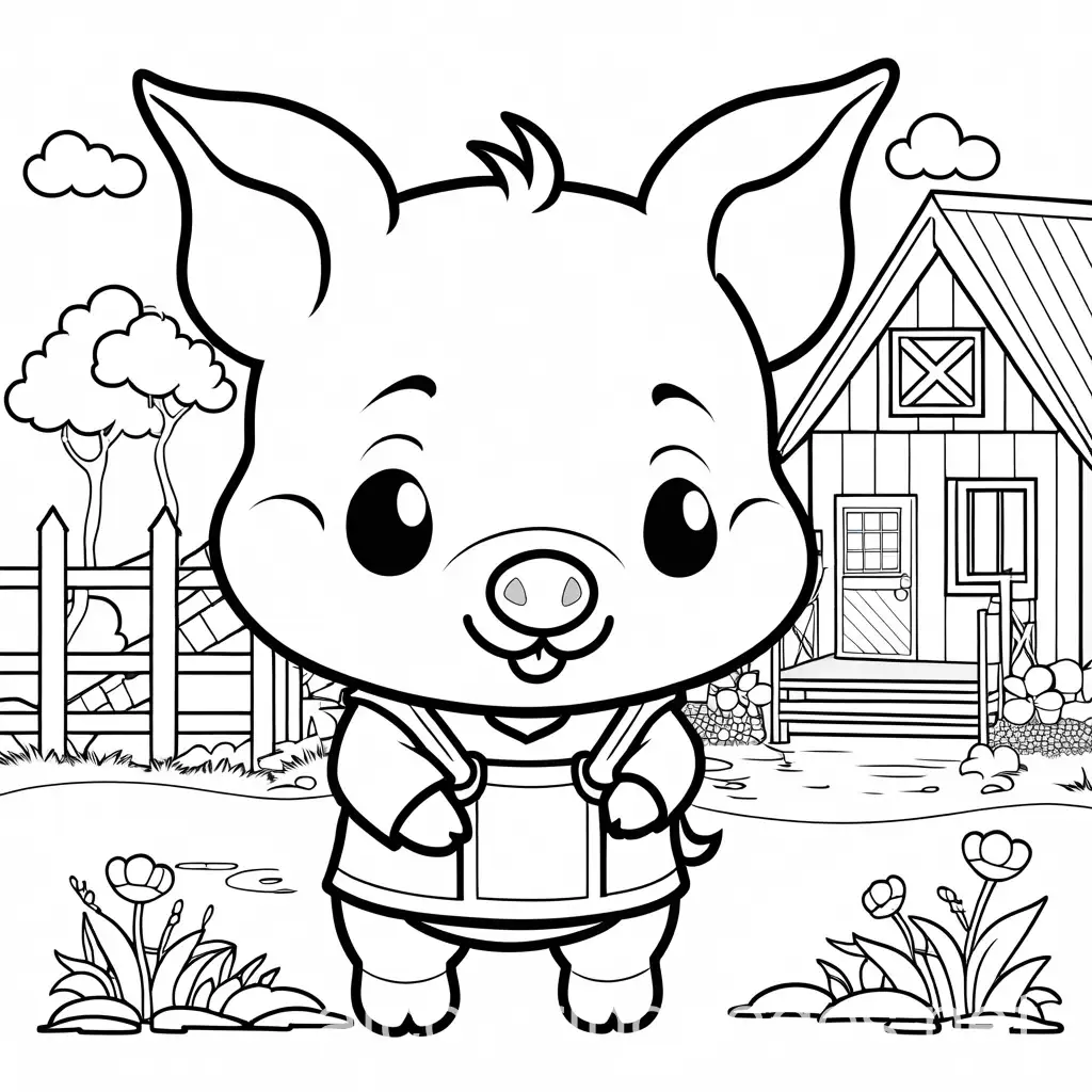 Chibi-Style-Sad-Piglet-Coloring-Page-with-Cabin-and-Farm-Background