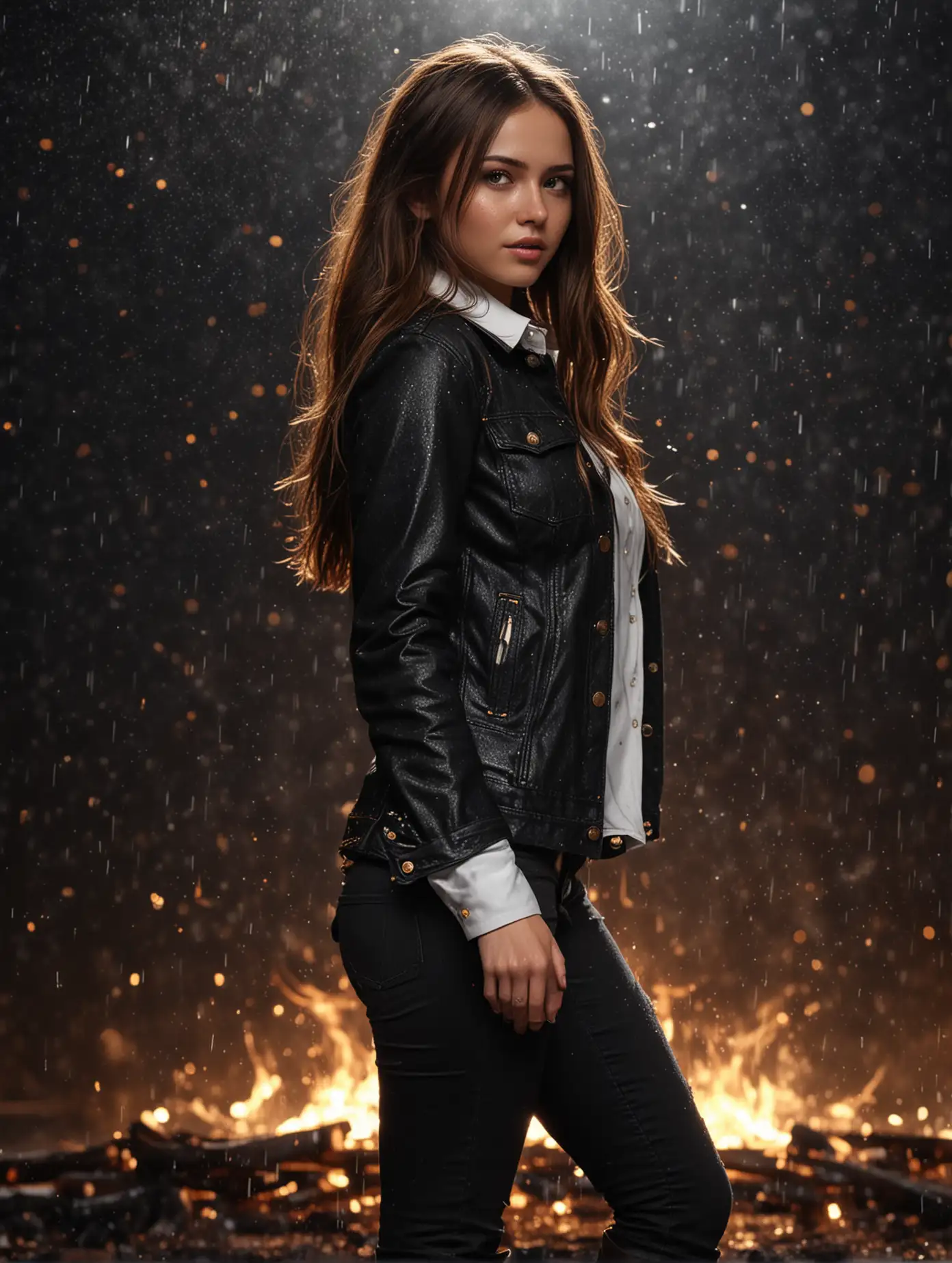 Person-in-Black-Jacket-Standing-Against-Dark-Space-with-Fire-and-Golden-Sparkling-Rain