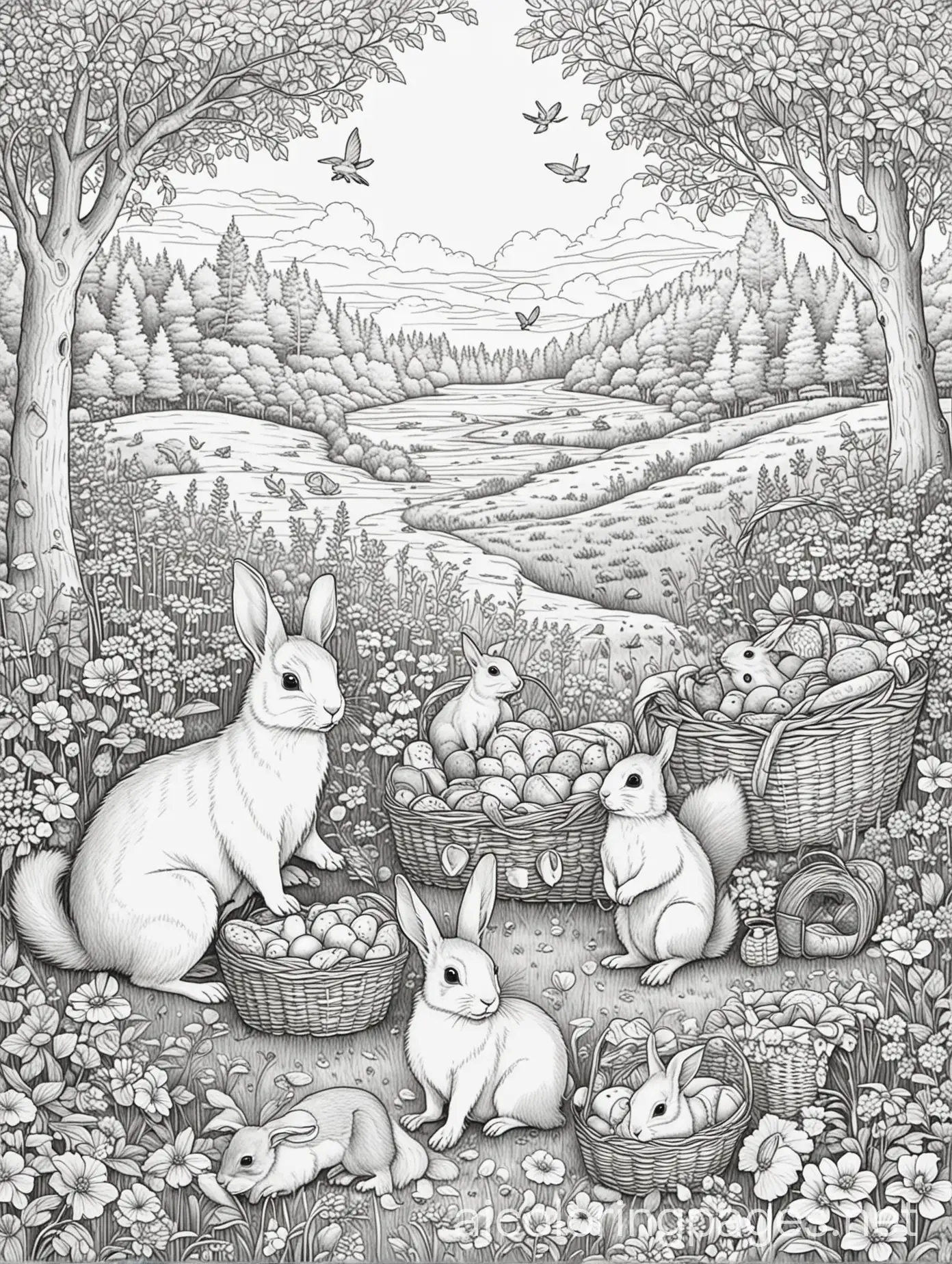 Animals-Picnic-Coloring-Page-Rabbits-Squirrels-and-Birds-in-Sunny-Meadow