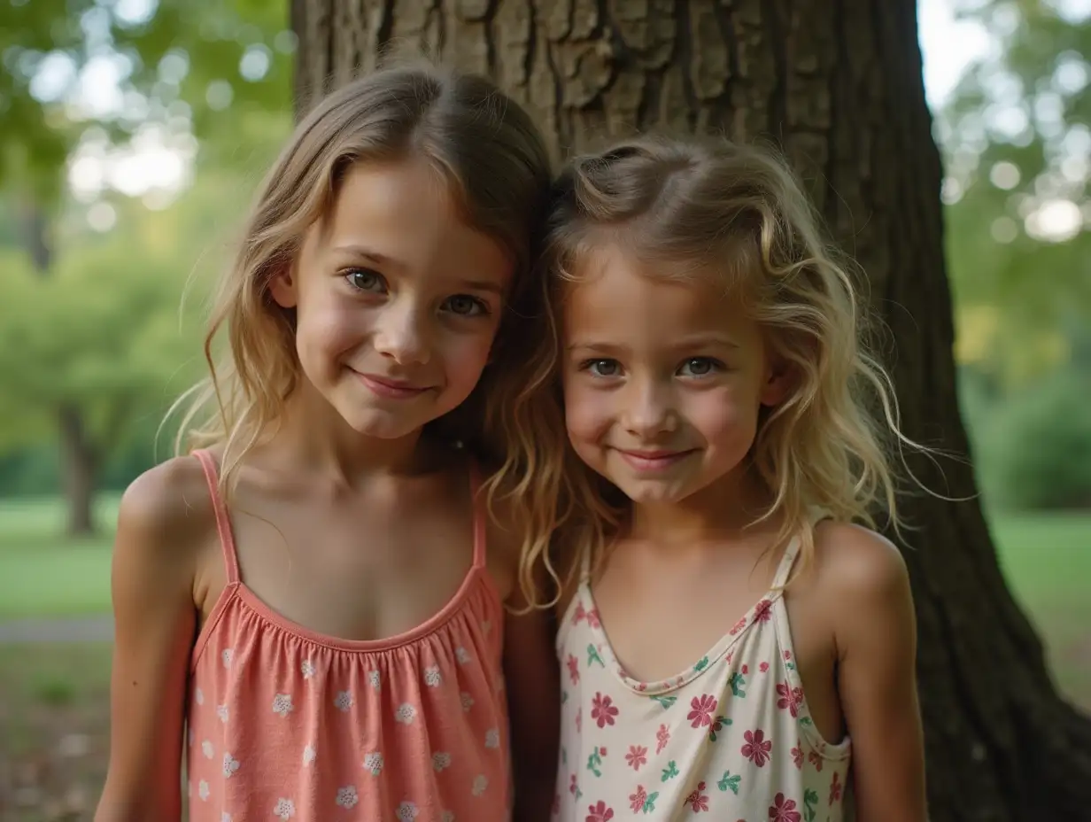 Two-Skinny-Little-Girls-Playing-in-Treehouse-with-a-Boy-in-Summer-Outfits