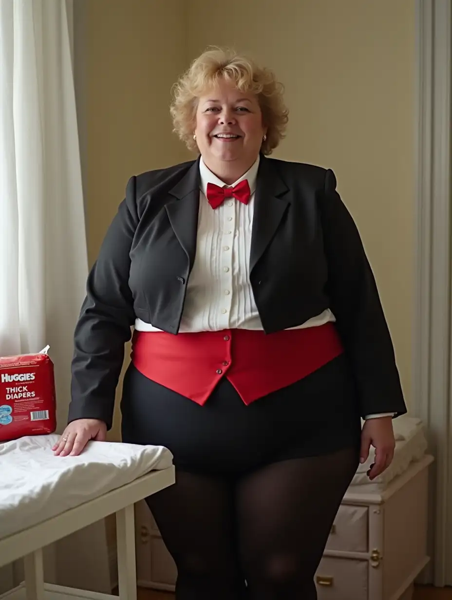 MiddleAged-Woman-in-Formal-Tuxedo-at-a-Nursery-Changing-Table