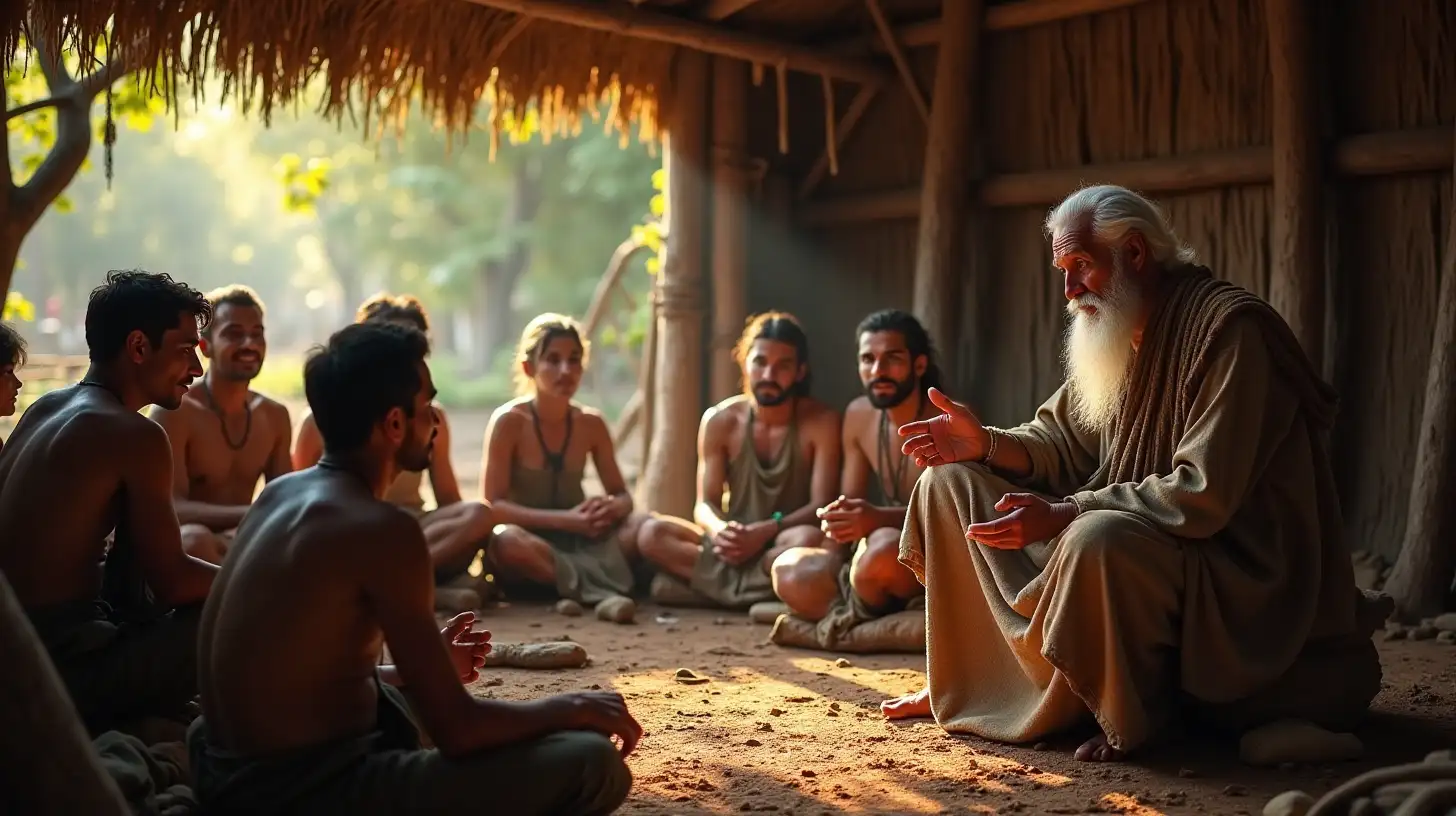 Elderly Man Sharing Wisdom in a Village Hut