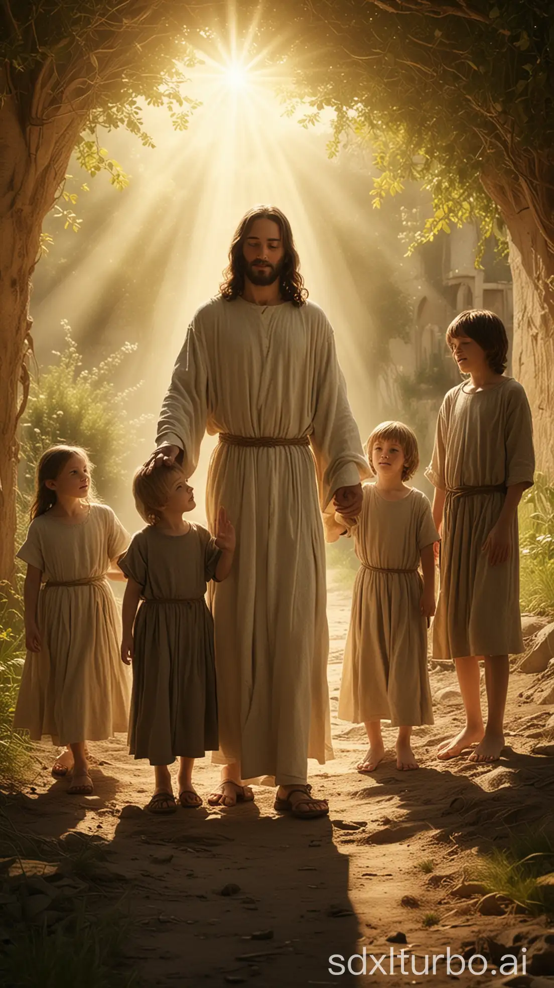 Create an image, depicting Jesus and European autistic children under the sunlit place, their fingertips gently touching, conveying an atmosphere of hope and love, in a movie-photo style