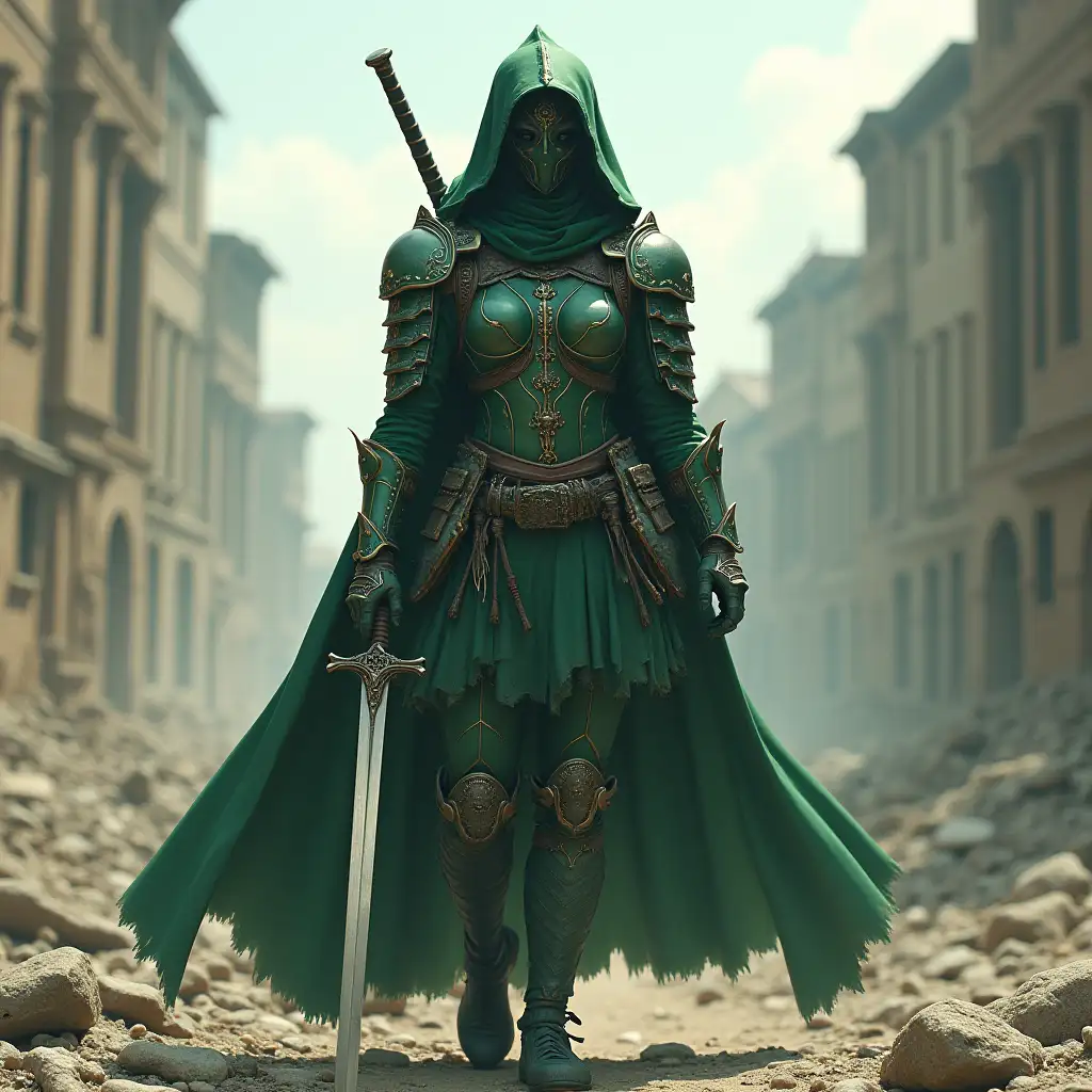 Kamenrider, realistic, full body, ruin city, armor, mask, holding sword, woman, green