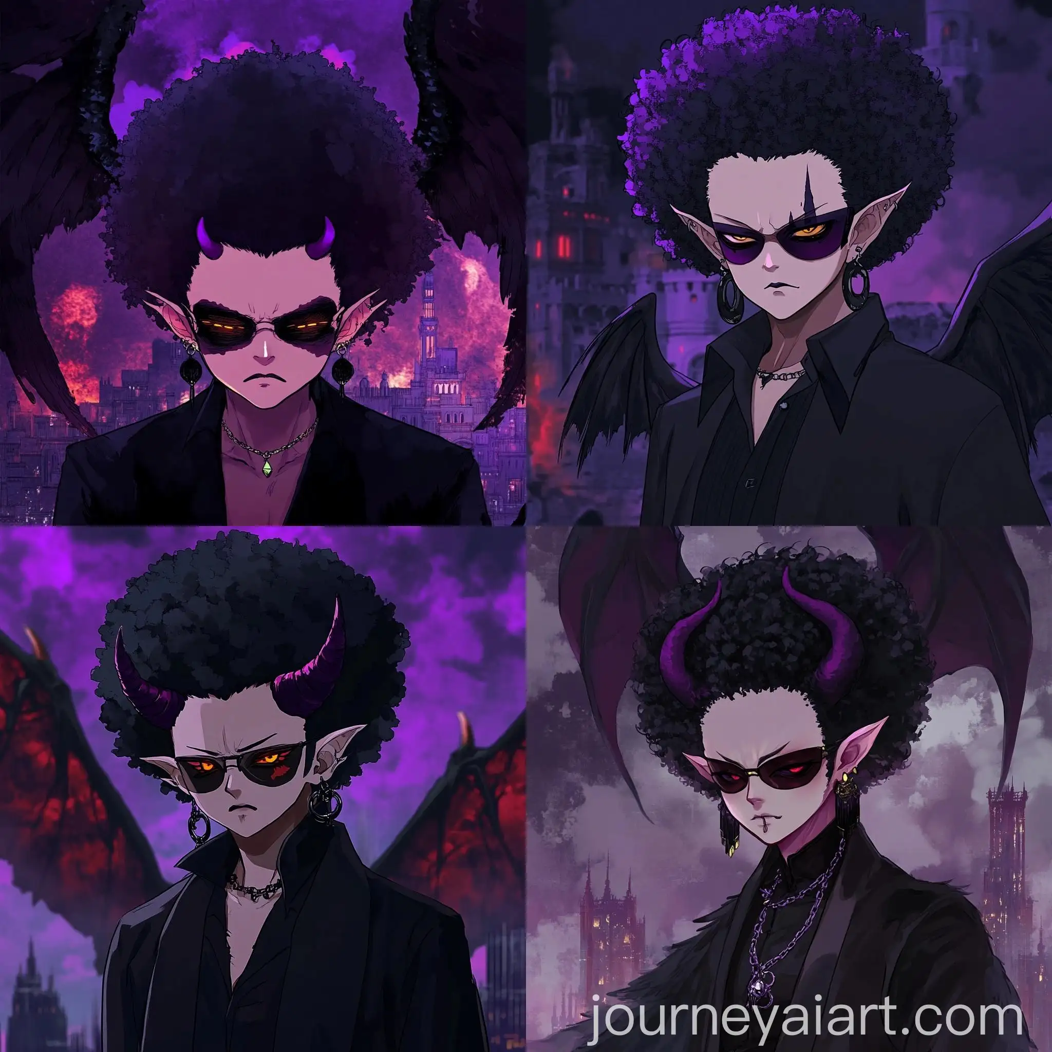 Demon-Character-with-Purple-Afro-and-Dark-Wings-in-Front-of-Blurry-Demonic-Castle
