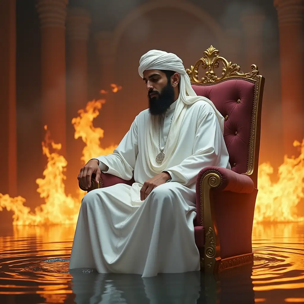 White Arab sheikh with turban sitting on a throne on water surrounded by fire