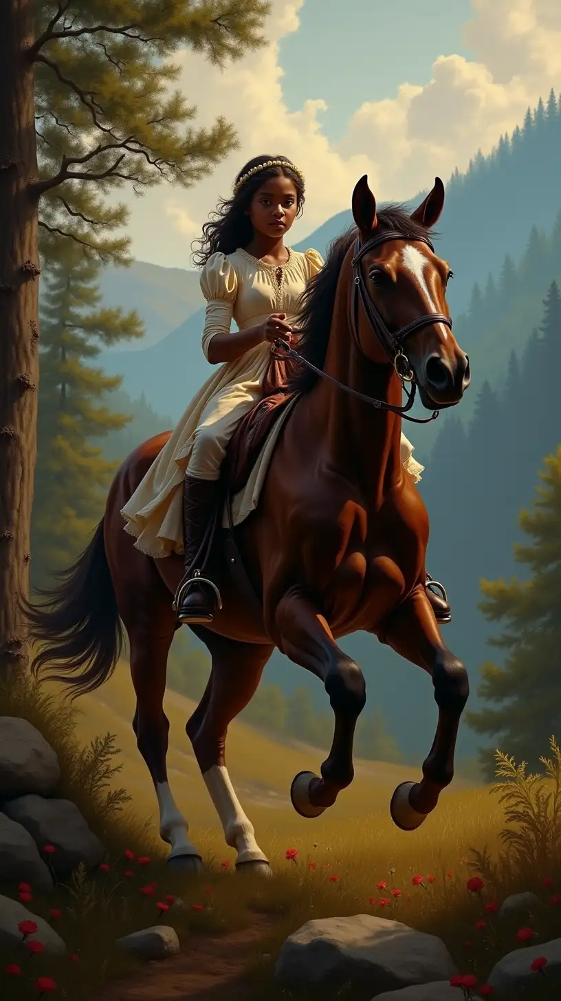 Young Girl Riding a Horse in the Blue Ridge Mountains in Baroque Style