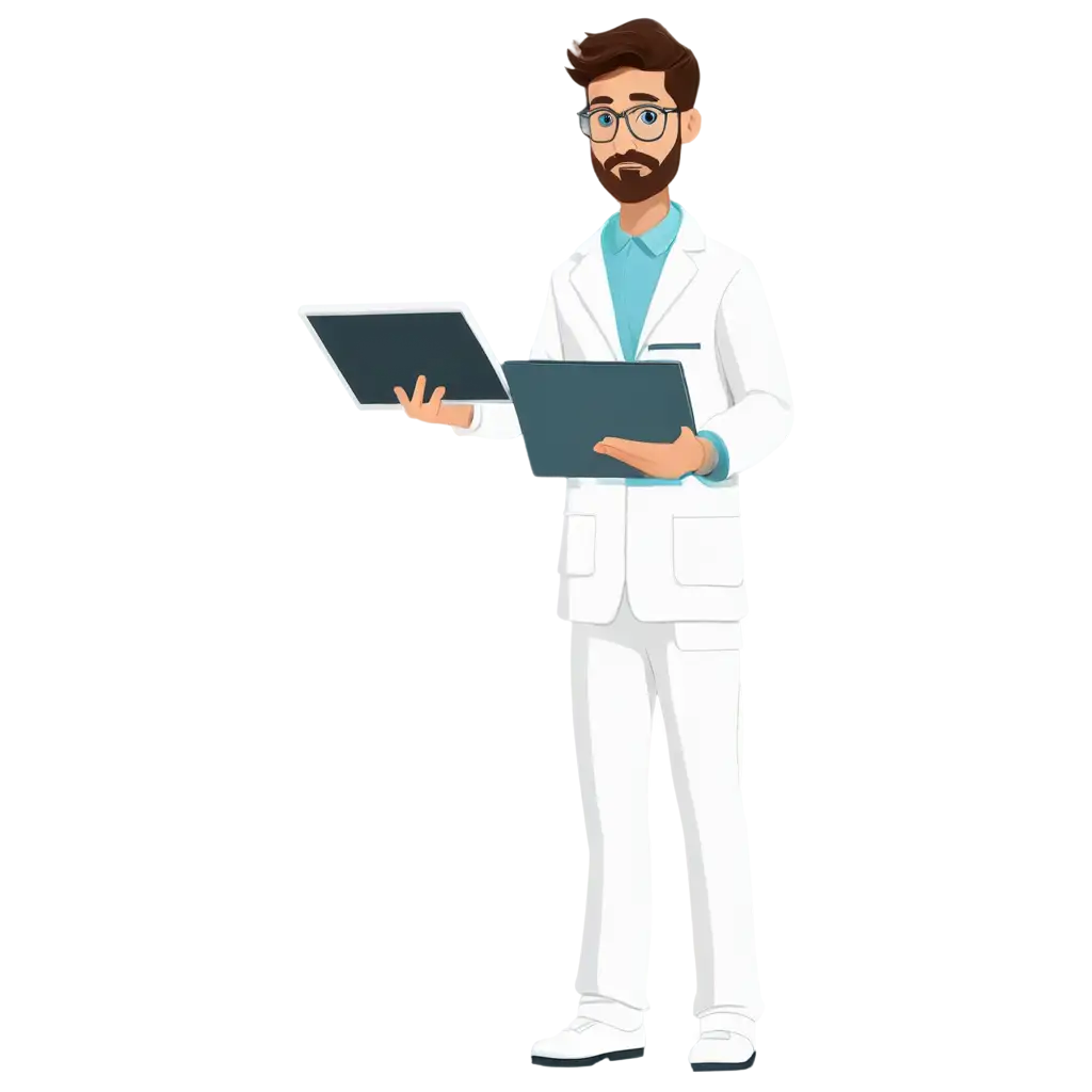 Smart-Scientist-in-White-Medic-Suit-with-Tablet-PNG-Image-in-Flat-Art-Style