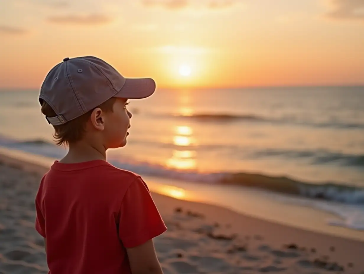 Child looking out to sea at sunset thoughtfully in a cap and a red T-shirt