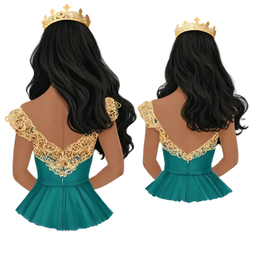 Teal-QuinceaeraPNG-Image-Usage-Analysis-Dress-Illustration-PNG-Elegant-Princess-in-Puffy-GoldTrimmed-Gown-with-Crown-and-Curly-Hair-from-Behind