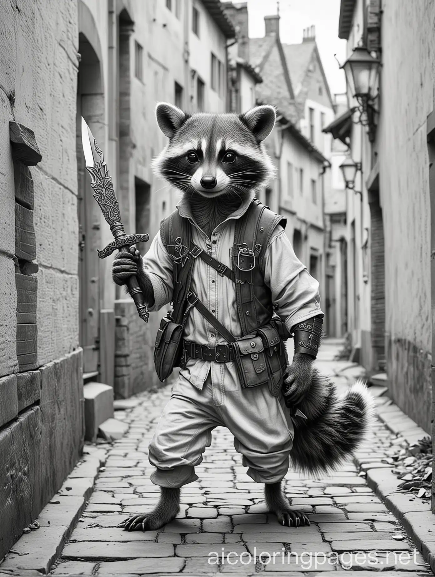 Fantasy-Raccoon-Sneaking-with-Dagger-in-City-Alleyway