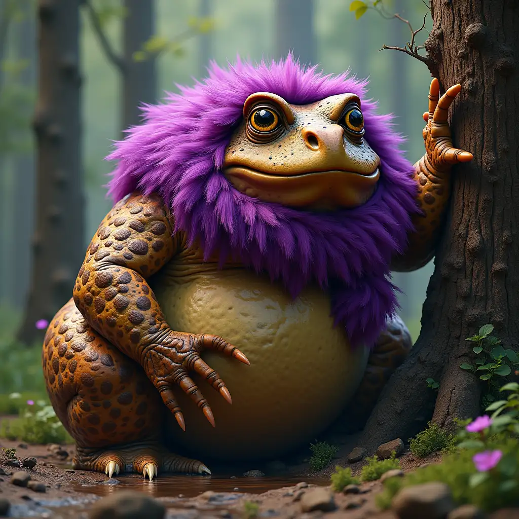 A giant-sized massive gigantic bulbous fat brown toad the size of a dump truck, squishing a tree trunk with a clawed foot. The toad has a fringed of thick spotted neon purple fur around its neck, sides, and back that looks like a boa scarf.