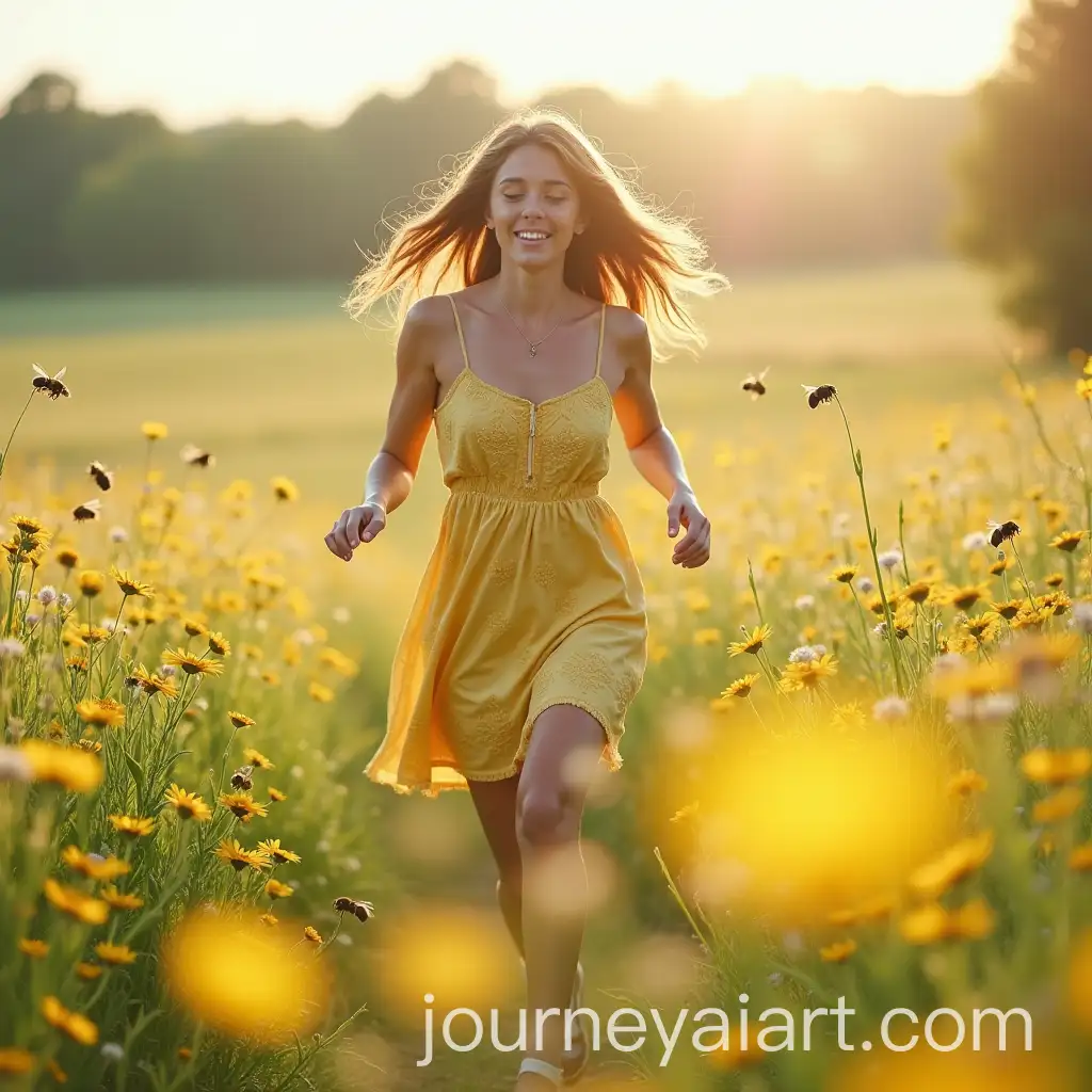 Young-Woman-Running-Through-a-Meadow-with-Flowers-and-Bees