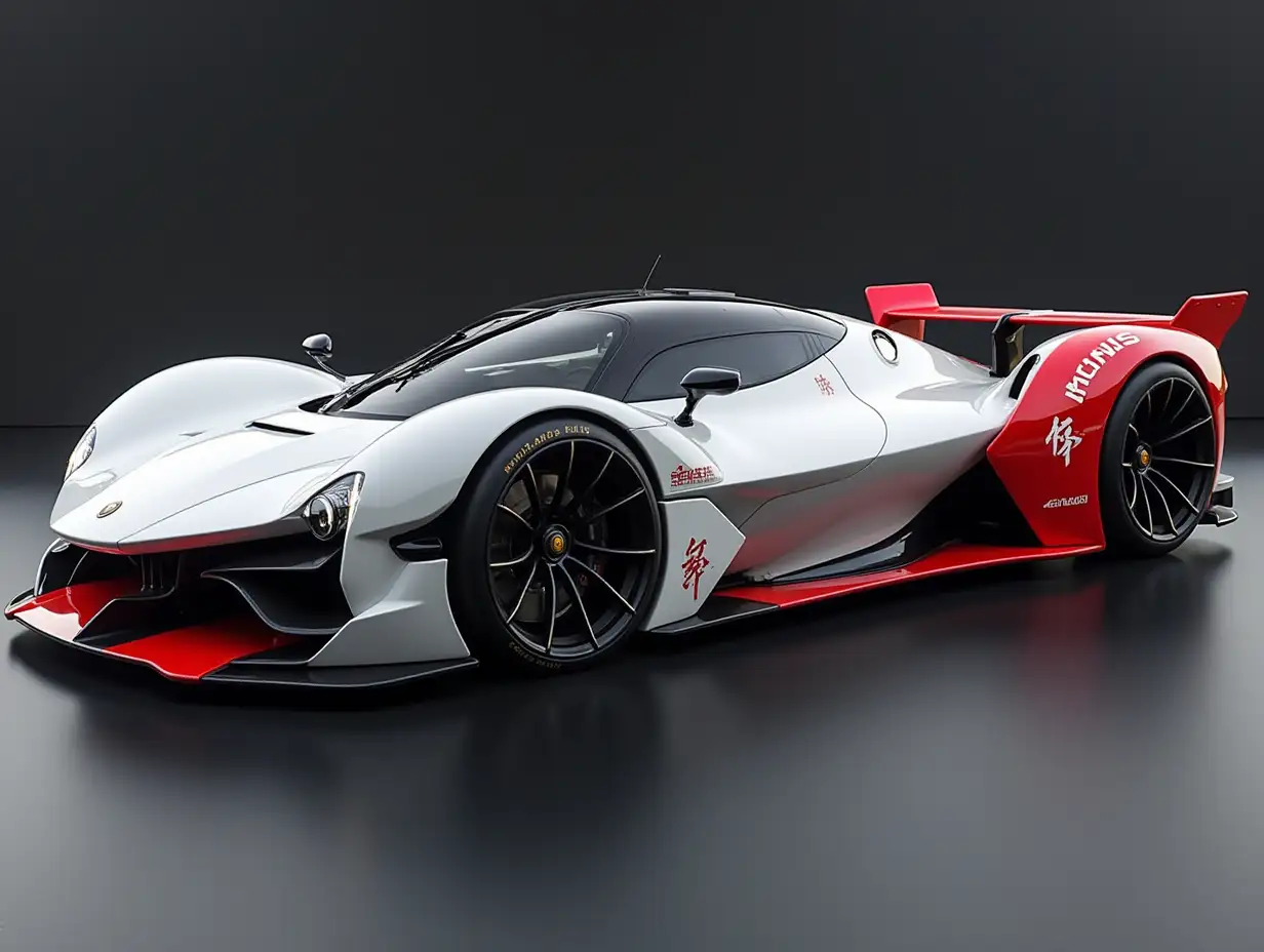 Modern futureistic supercar with black wheels, white body with red racing strip on the right side, Chinese characters in red on the side, Monarch, sports car, race car, Cyberpunk