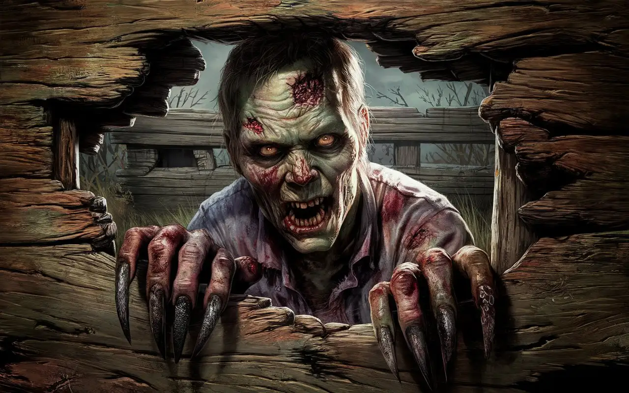 Zombie-Emerging-from-Wooden-Structure-with-Long-Gnarled-Nails-in-Horror-Scene