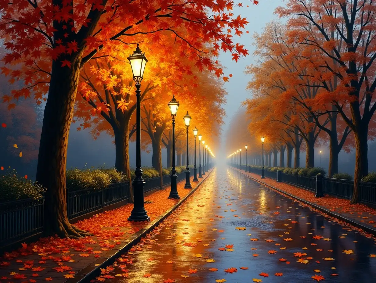 Cozy-Autumn-Street-Illuminated-by-Lampposts-and-Colorful-Leaves