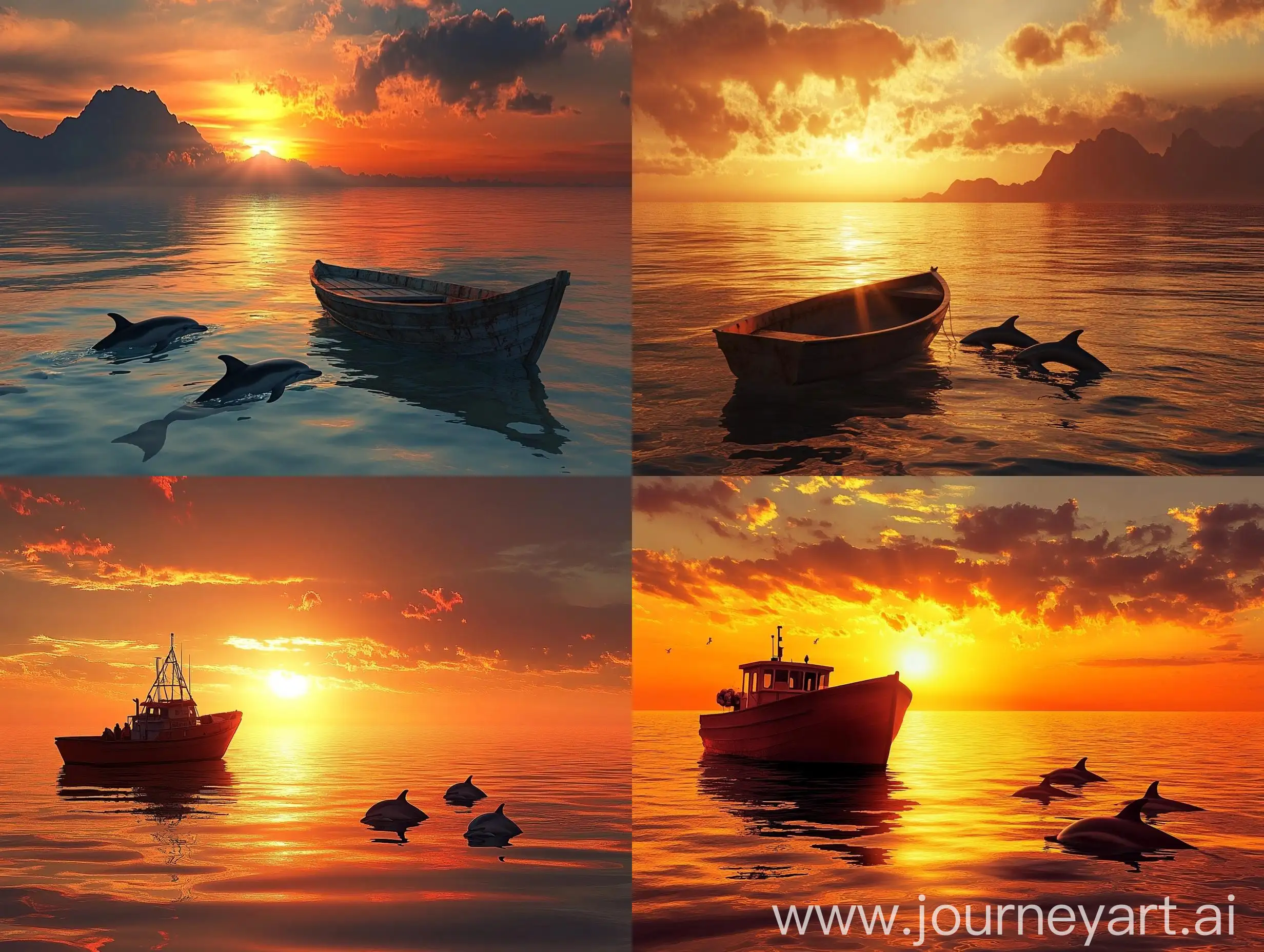 Boat-Sailing-at-Sunset-with-Dolphins-in-the-Sea