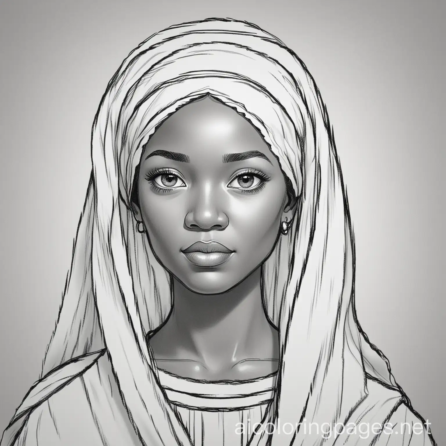 black women Mary from the bible coloring pages, Coloring Page, black and white, line art, white background, Simplicity, Ample White Space. The background of the coloring page is plain white to make it easy for young children to color within the lines. The outlines of all the subjects are easy to distinguish, making it simple for kids to color without too much difficulty