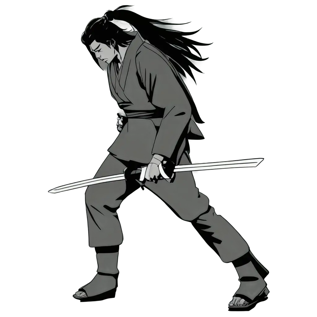 Create for me a 2D animation of a samurai complete with katana in monochrome color