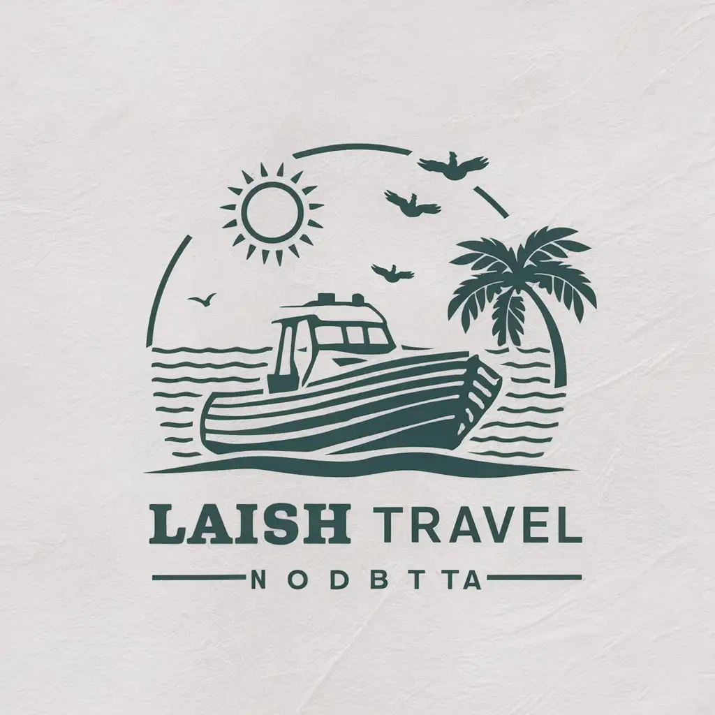 a vector logo design,with the text "Laish Travel", main symbol:Motor boat, sea, birds, sun, on the beach background,Moderate,clear background