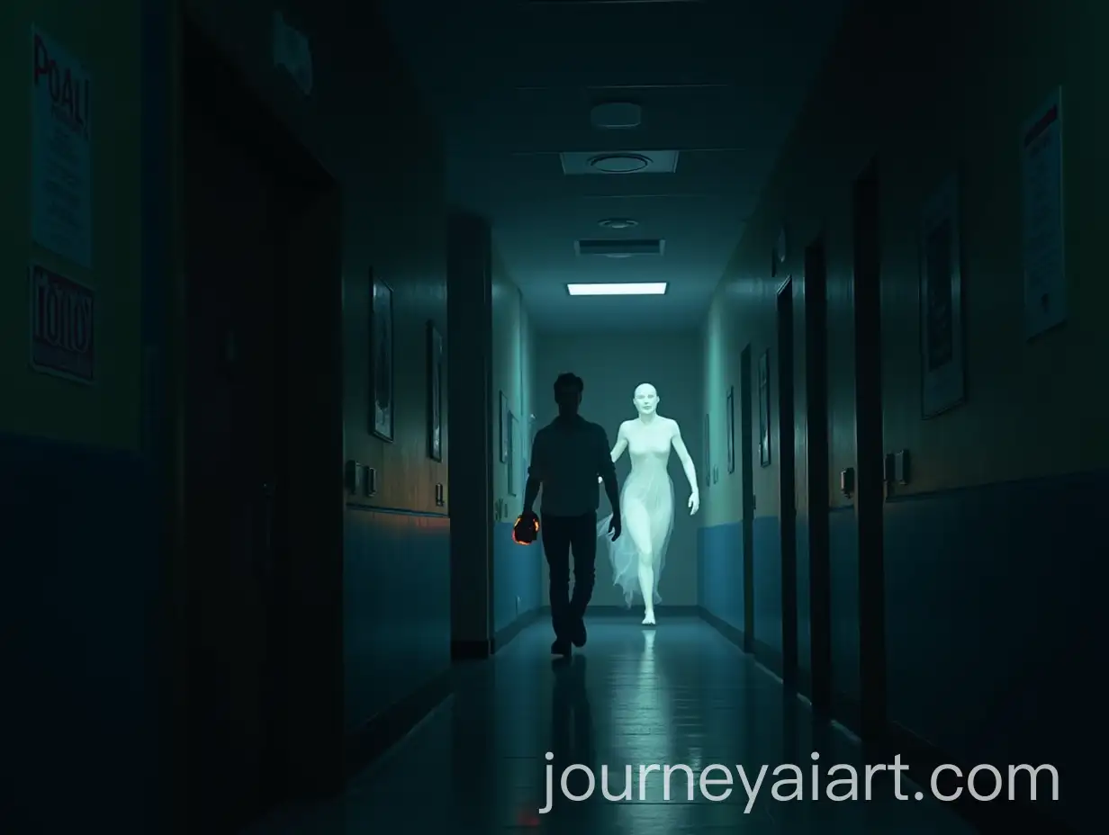 Eerie-High-School-Hallway-Encounter-Ghostly-Pursuit-in-Nighttime-Setting
