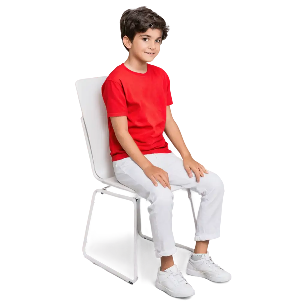 a kid wearing a red t shirt and white pant and sit in a chair