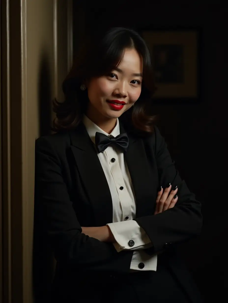 Confident-Asian-Woman-in-Tuxedo-Leaning-Against-Wall-in-Darkened-Hallway