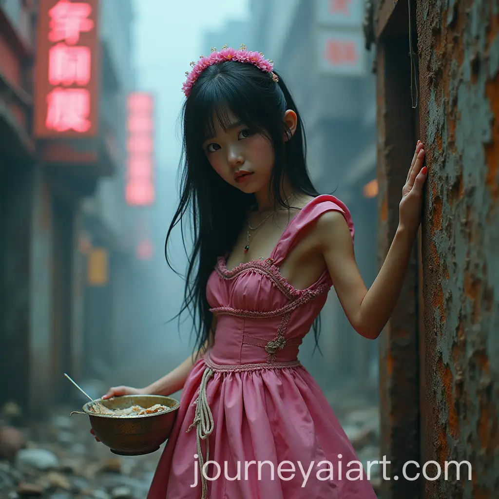Futuristic-Asian-Maid-Girl-in-PostApocalyptic-Ruins-with-Tattered-Pink-Dress