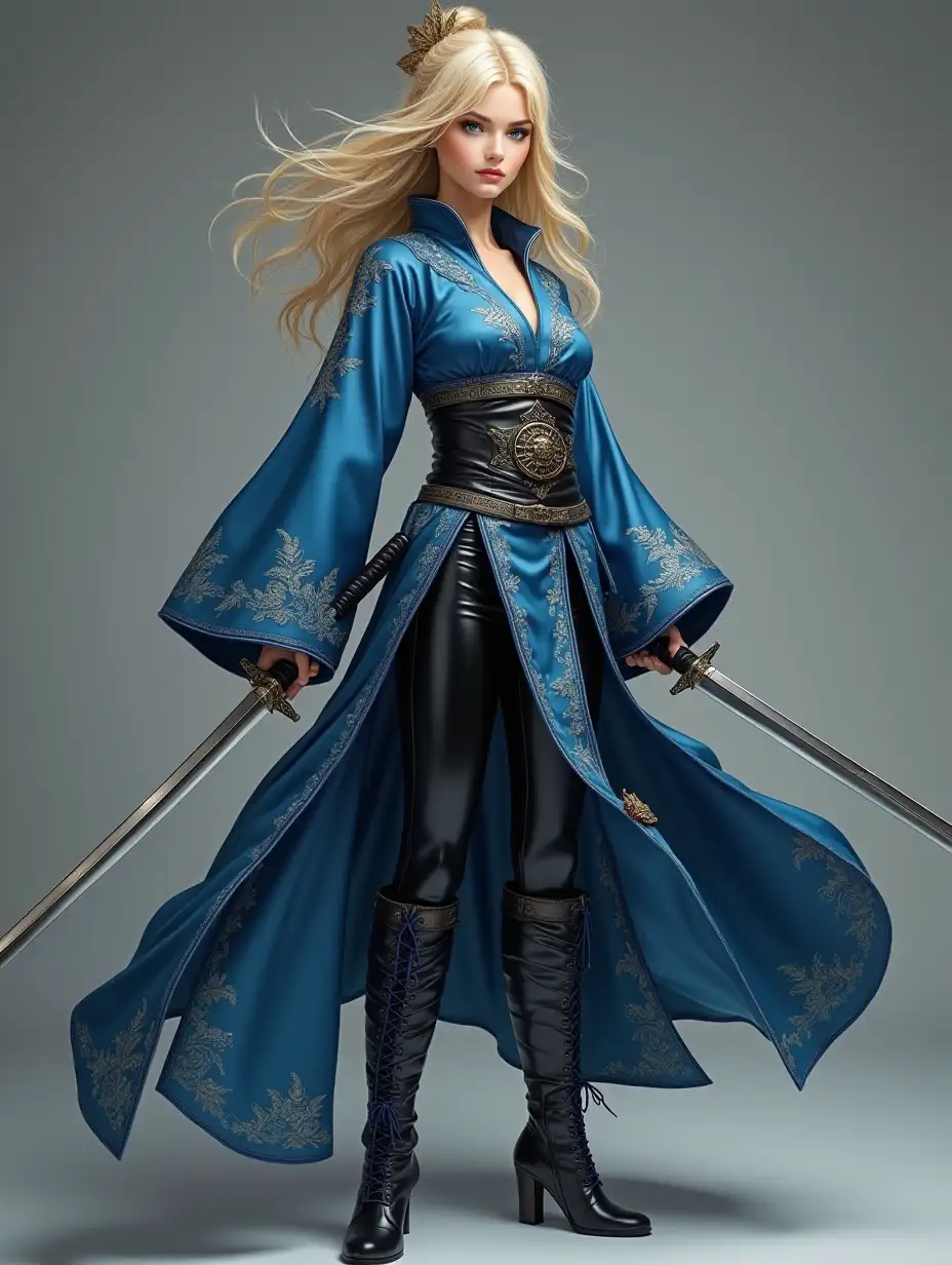 full body shot, frontal shot, pretty young female warrior, embroidered blue robes, black leather pants, high heel blue laced leather boots, age 17, very beautiful european face, blonde hair, full lips, wielding two wakizashi