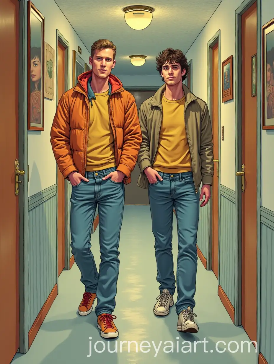 Two-Men-in-a-1990s-RetroStyle-Apartment-Hallway