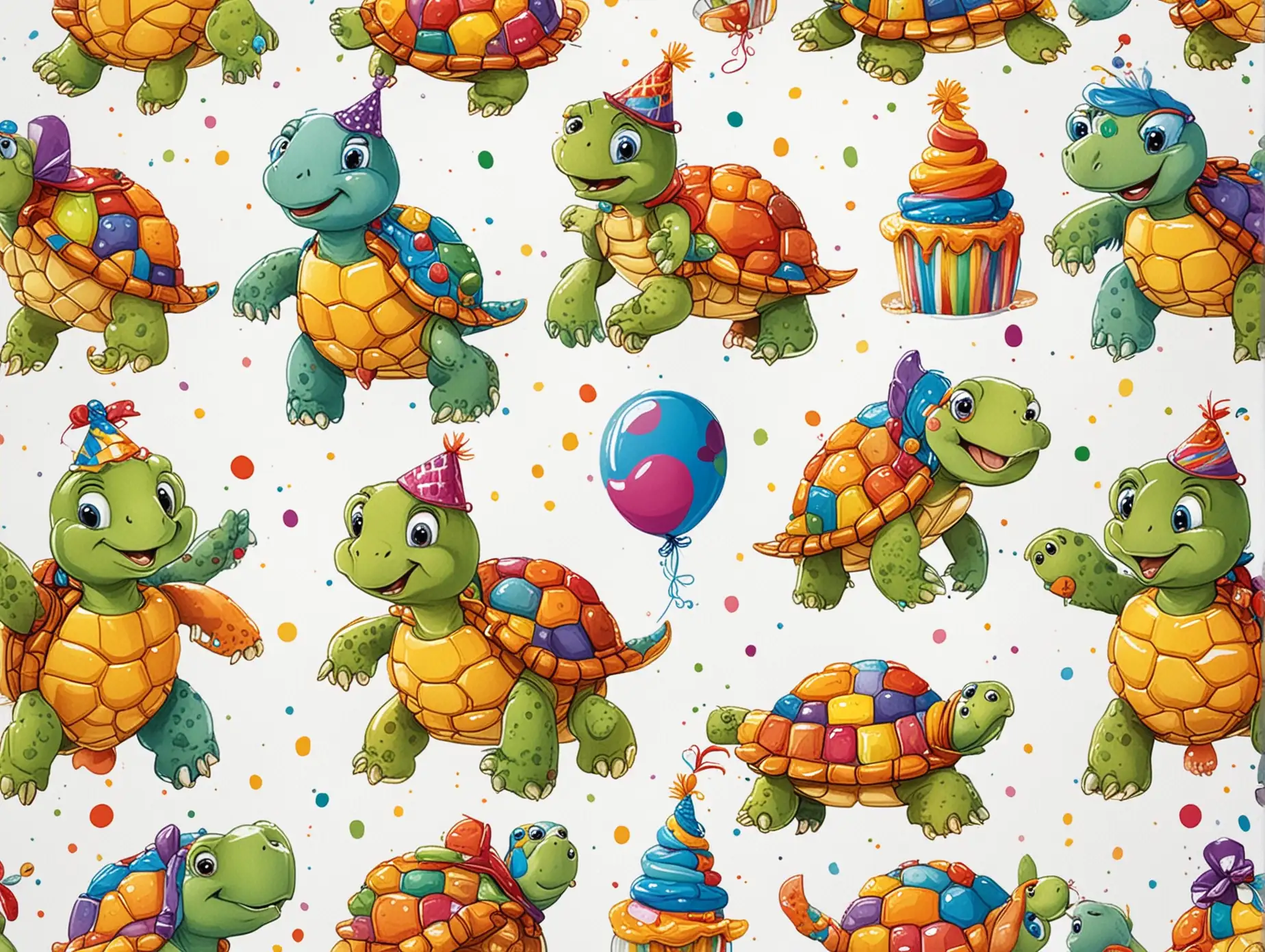 Colorful Cartoon Turtles Birthday Party Celebration on White Background