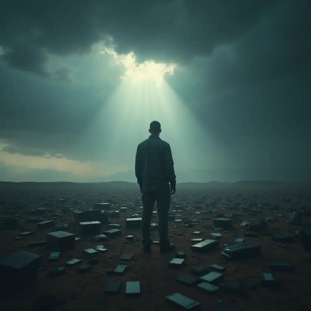 Create a cinematic and realistic scene depicting a solitary man standing in a vast desert, surrounded by a sea of electronic waste. The sky is filled with dark, ominous storm clouds, creating a sense of foreboding. A small beam of light breaks through the clouds, illuminating the man, highlighting his expression of contemplation and despair. The composition should evoke feelings of isolation and the impact of technology on the environment, with rich textures and dramatic lighting to enhance the emotional depth of the scene.