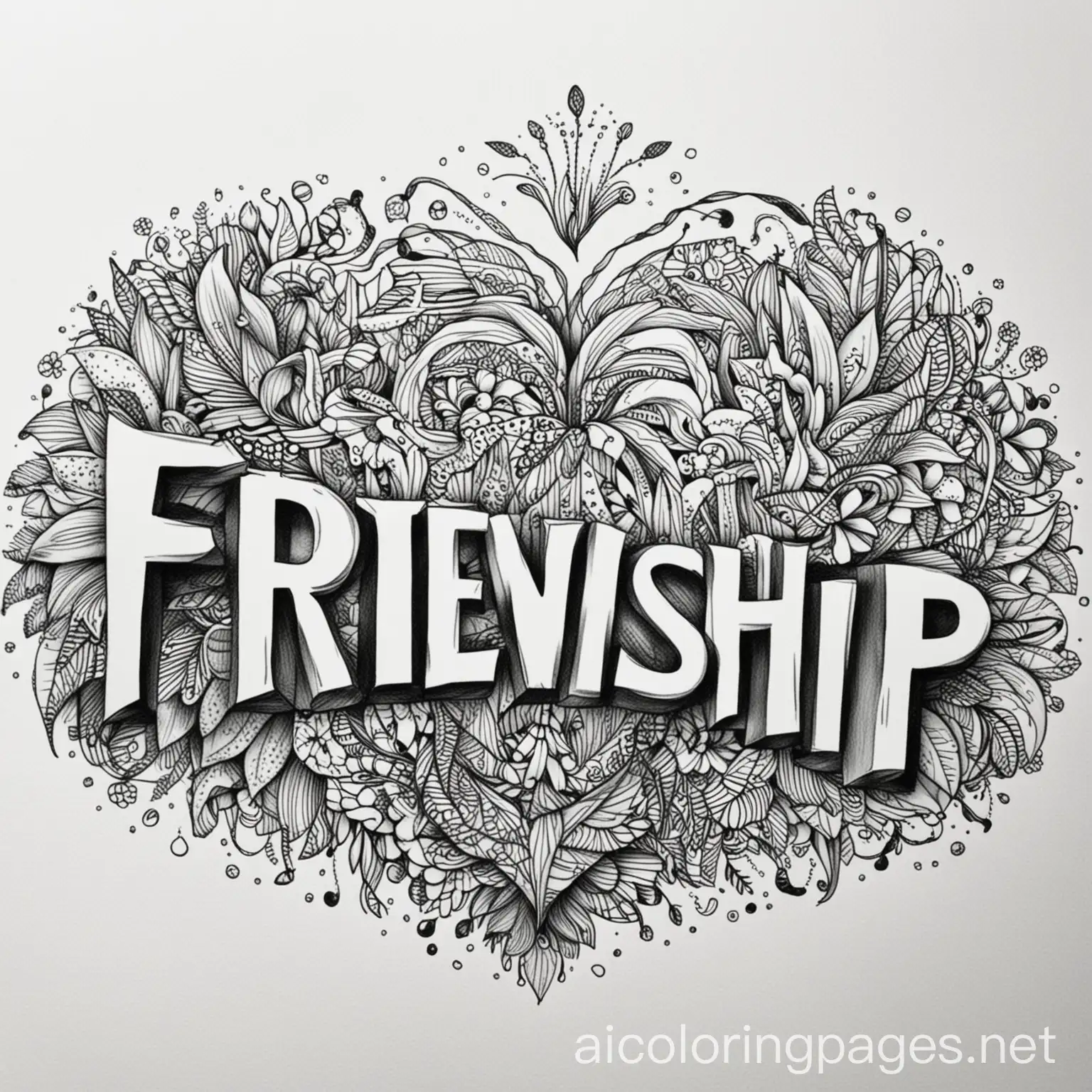 WORD FRIENDSHIP TO COLOR, Coloring Page, black and white, line art, white background, Simplicity, Ample White Space