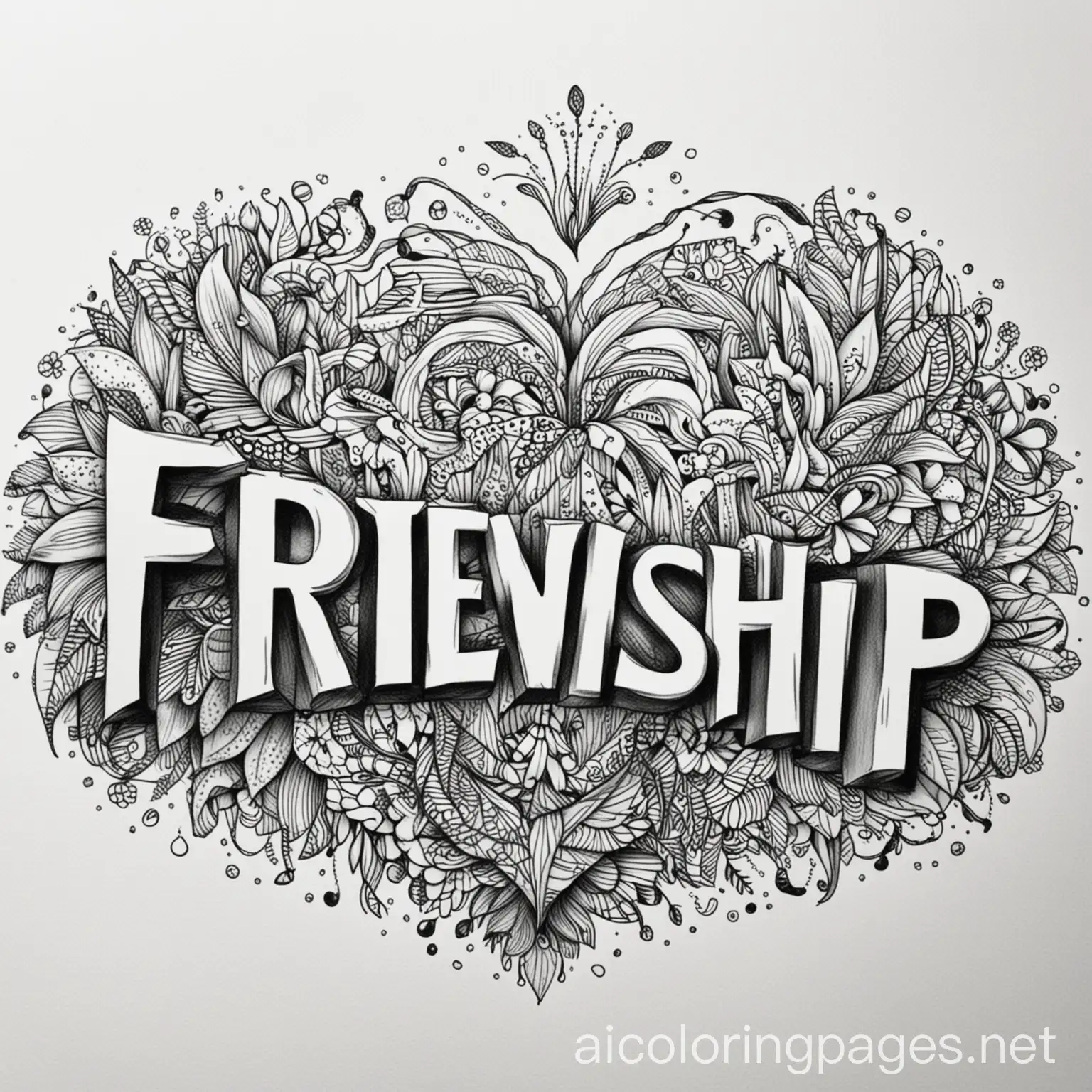 WORD FRIENDSHIP TO COLOR, Coloring Page, black and white, line art, white background, Simplicity, Ample White Space. The background of the coloring page is plain white to make it easy for young children to color within the lines. The outlines of all the subjects are easy to distinguish, making it simple for kids to color without too much difficulty