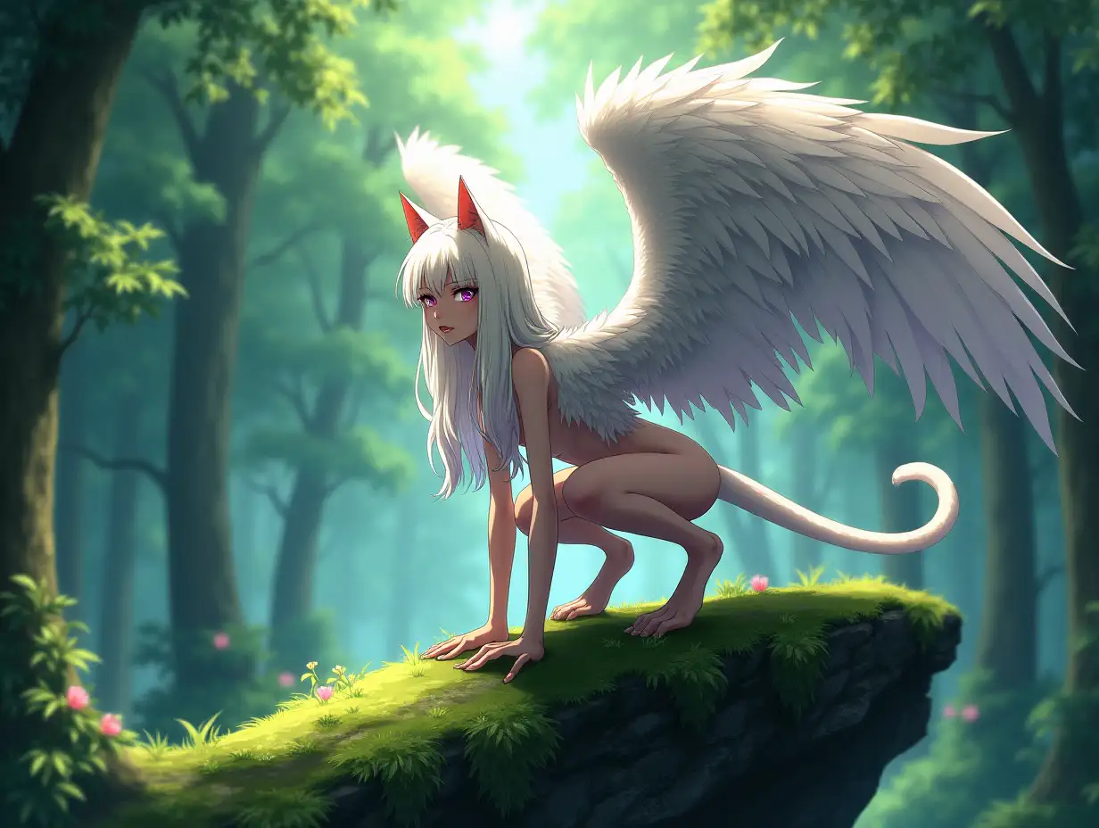 Wild-YoungAI-Art-Prompt-Expansion-Woman-with-Feathered-Wings-in-Lush-Forest-Preparing-to-Pounce