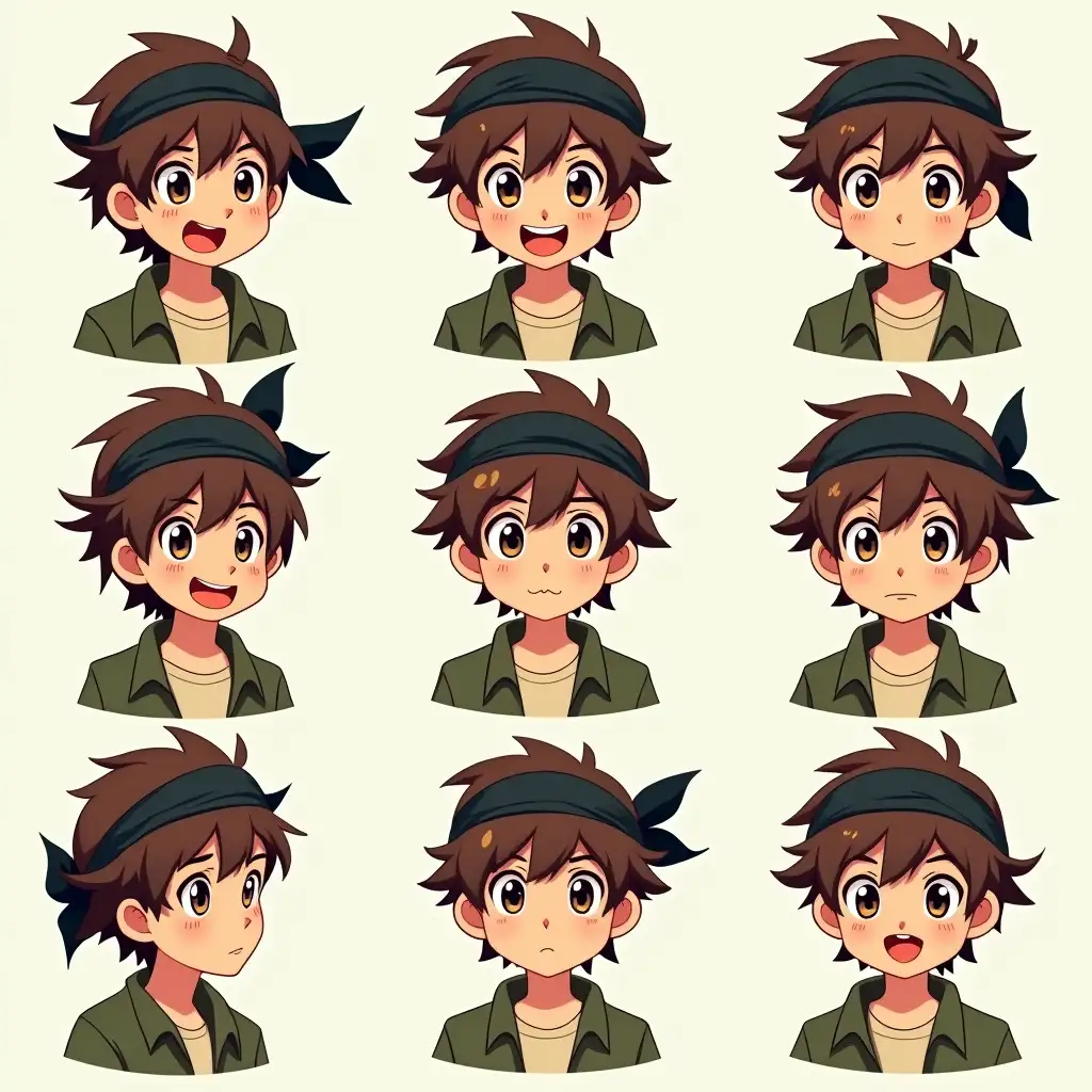 In a vibrant 3x3 grid of charming vector emojis, each square captures a unique expression of a nostalgic 90's anime boy character. His medium-length, tousled brown hair frames his face, slightly swaying under a snug black bandana perched stylishly atop his head. His warm, expressive brown eyes sparkle with a mischievous glint, radiating youthful exuberance. The character is dressed in a sturdy green khaki shirt, the fabric slightly crinkled and rugged, layered over a soft beige t-shirt that peeks out at the collar. His green khaki pants, equally thick and durable, complete the retro look, hinting at adventures in a lively urban landscape or a bustling schoolyard setting. Each emoji showcases varied emotions and playful poses, from cheeky grins to thoughtful gazes, encapsulating the spirited essence of a beloved anime hero from a bygone era