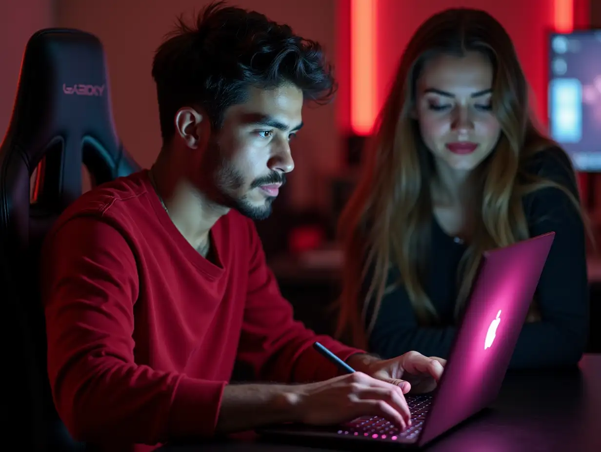 A man with red shirt and he is using laptop and write in a copy with sit on gaming chair and a beautiful girl