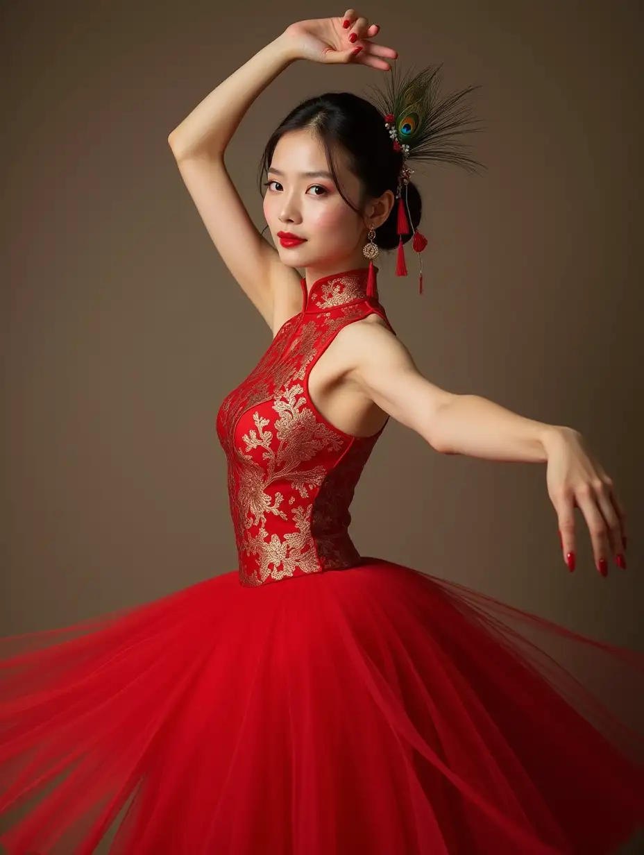 This photograph features a charming Asian woman in her 20s wearing a sleeveless red qipao adorned with an eye-catching pattern. She poses gracefully while performing ballet, embodying the essence of an enchanting photo shoot. Her lovely hairstyle frames her face perfectly, and she enhances her look with a beautiful peacock hairpin and additional headpieces. With a flirtatious gaze directed at the camera, the image captures her pose in vibrant, lifelike detail, beautifully complemented by the stunning lighting that enhances the overall effect. This is a full-body, frontal shot.