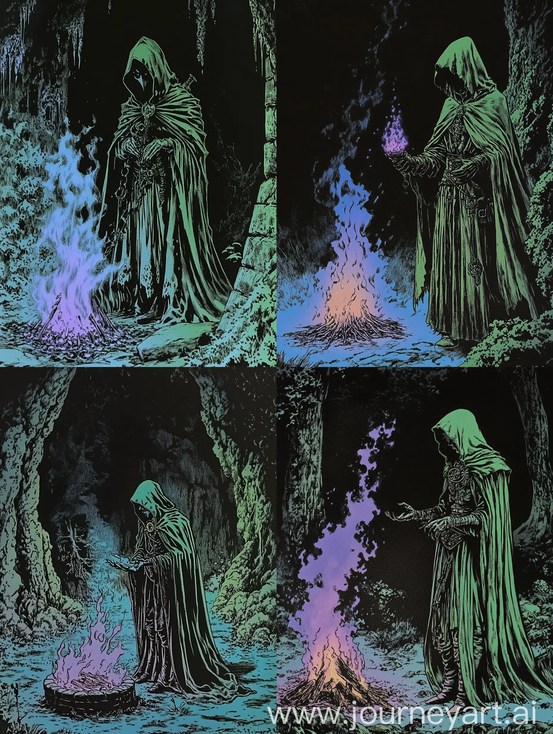 Hooded-Witch-Beside-Purple-Bonfire-in-a-Dark-Fantasy-Forest