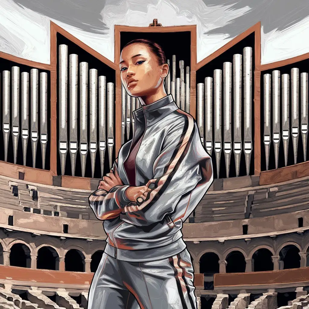 Slender Melanesian Woman in Silk Tracksuit at Berserker Colosseum