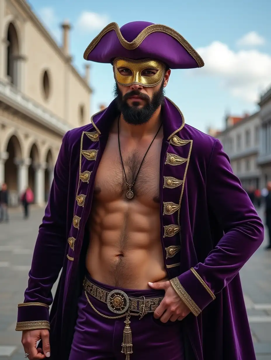 In the city of Venice, a handsome twenty-year-old tall hairy and muscular man, with a very hairy bare chest and a line of hair in the middle of the 6 abs, he wears a Venetian mask type casanova on his face with a shaved chin, a tricorn hat and a velvet cape on his shoulders, purple and gold are the two dominant colors of his outfit. The scene is located in St. Mark's Square, with a clear sky and clouds, natural colors, the scene with breathtaking details like a realistic photograph of high precision, high definition, very detailed.