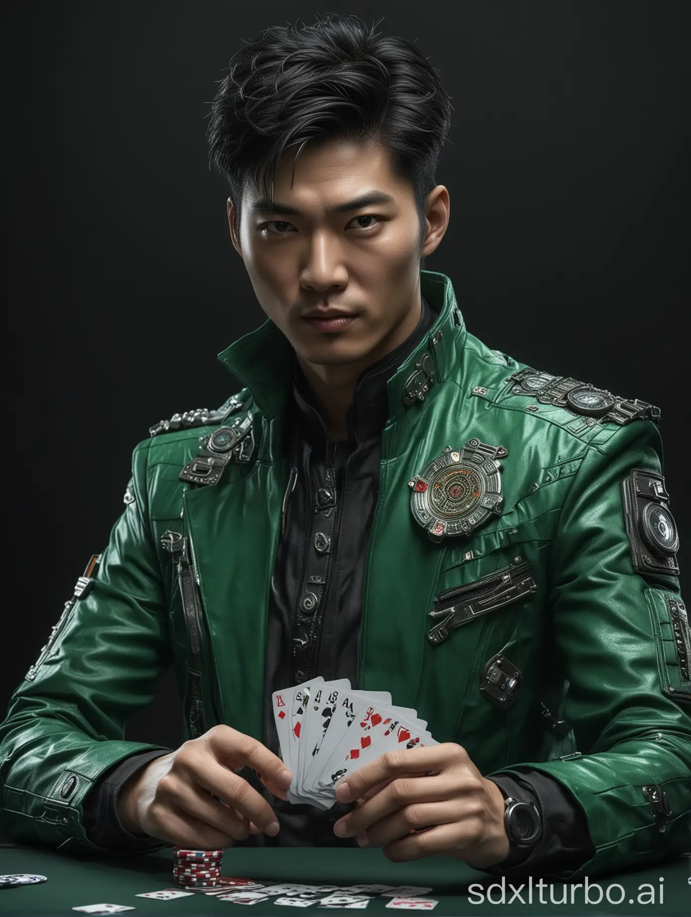 Hyper-realistic epic photo with futuristic Korean guy casino poker card master in cyberpunk suit, wearing green fashion outfit in poker and casino theme on black studio background, close view, ultra detailed character, epic realism, hyper-realistic textures, clean look, perfect anatomy, retro-futuristic cyberpunk style, perfect hands