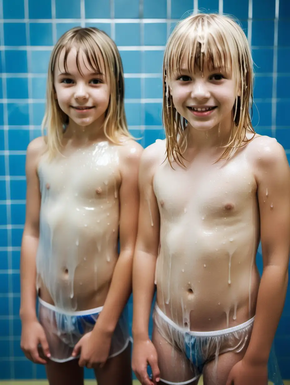 Two-Adorable-Young-Girls-Standing-in-Middle-School-Gym-Shower-with-Wet-Shiny-Skin