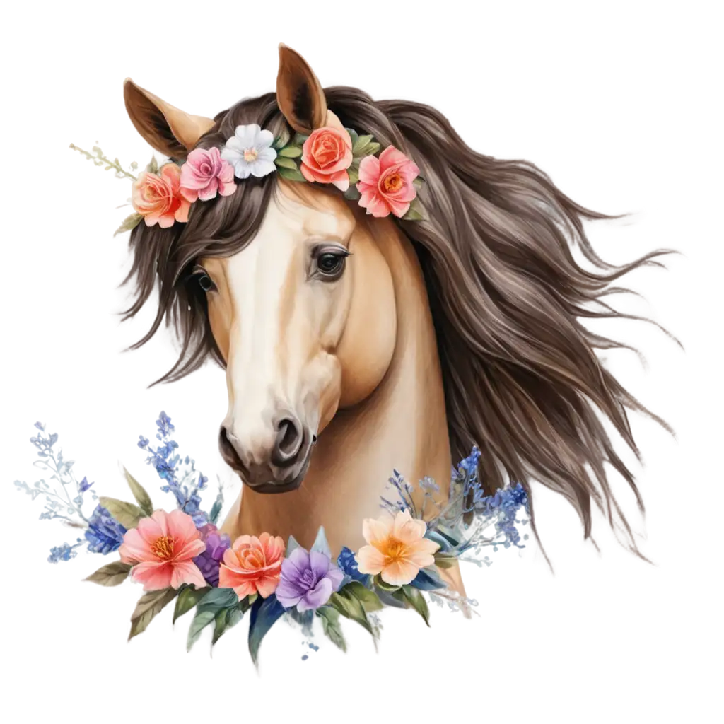 PNG-Horse-with-Flowers-in-Hair-Art-Captivating-Beauty-in-Digital-Format