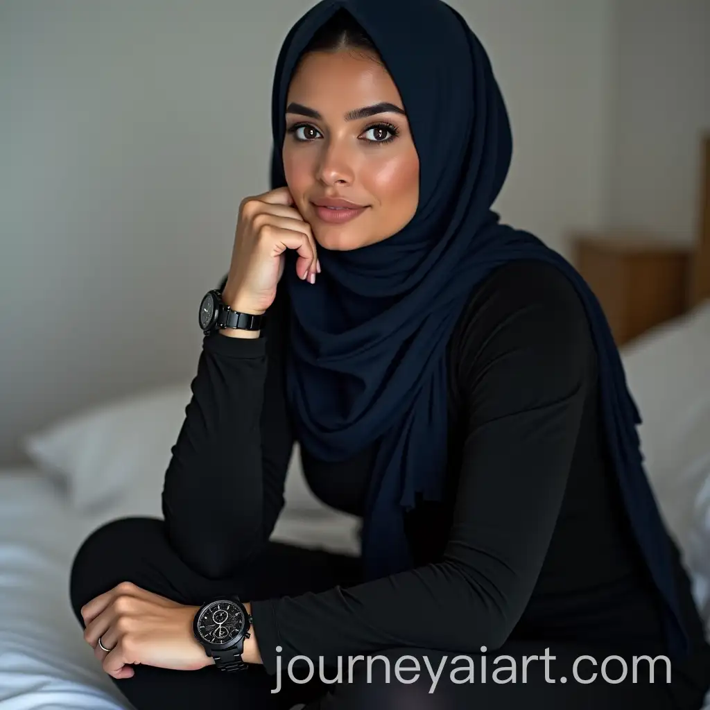 Curv-Muslim-Woman-in-Dark-Blue-Hijab-with-Sporty-Chronograph-on-Bed
